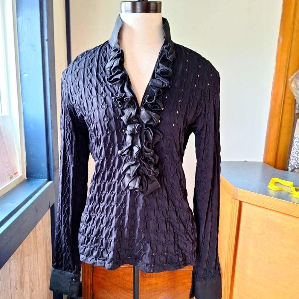 Naracamicie Black Stretch Eyelet Ruffled Blouse, Size Large